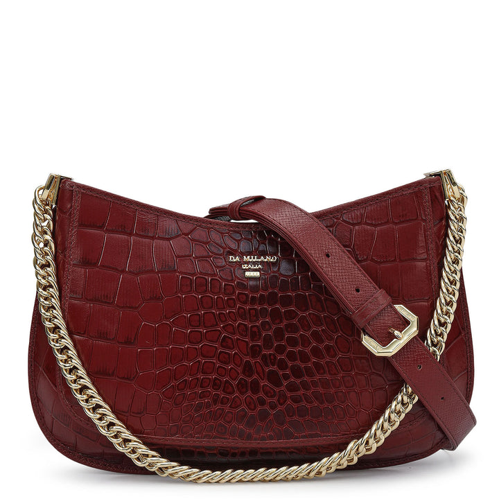 Small Croco Leather Baguette - Cherry