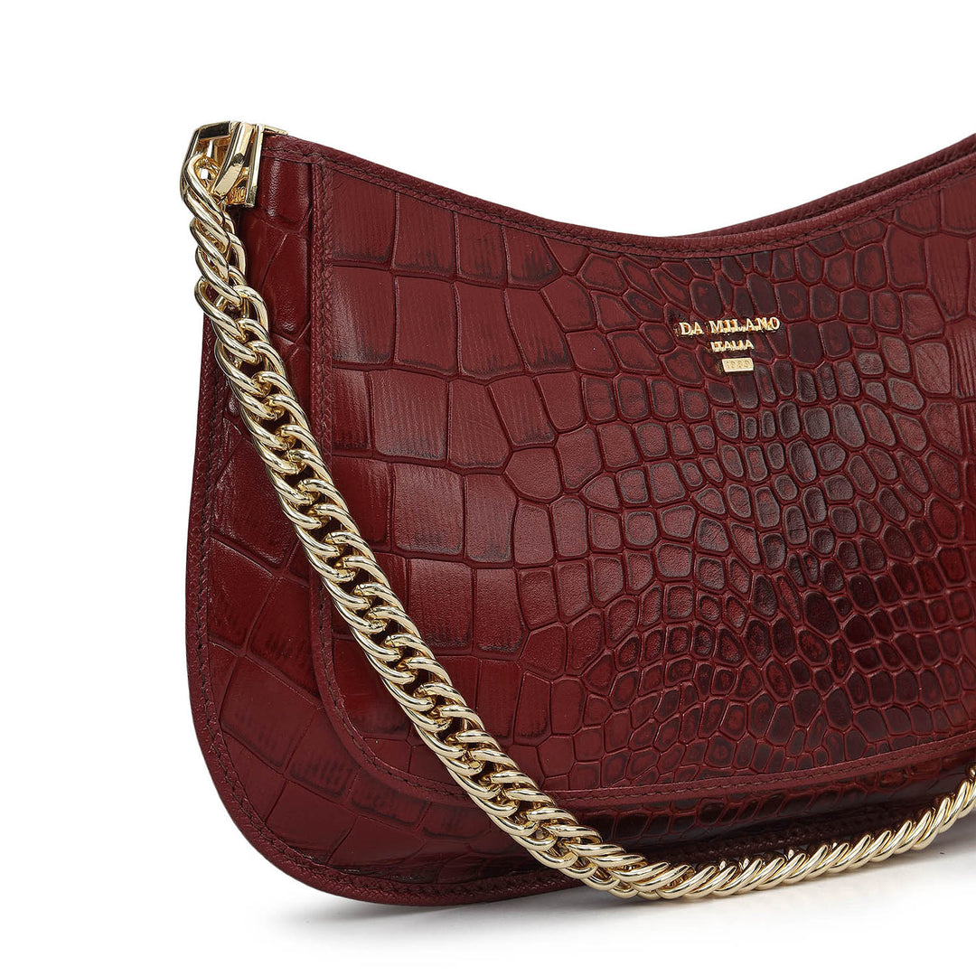 Small Croco Leather Baguette - Cherry