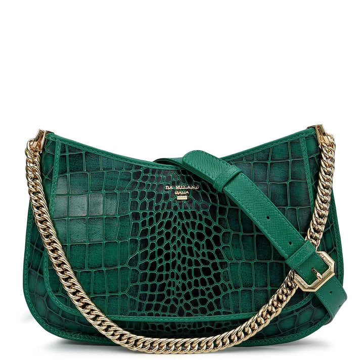Small Croco Leather Baguette - Emerald Green