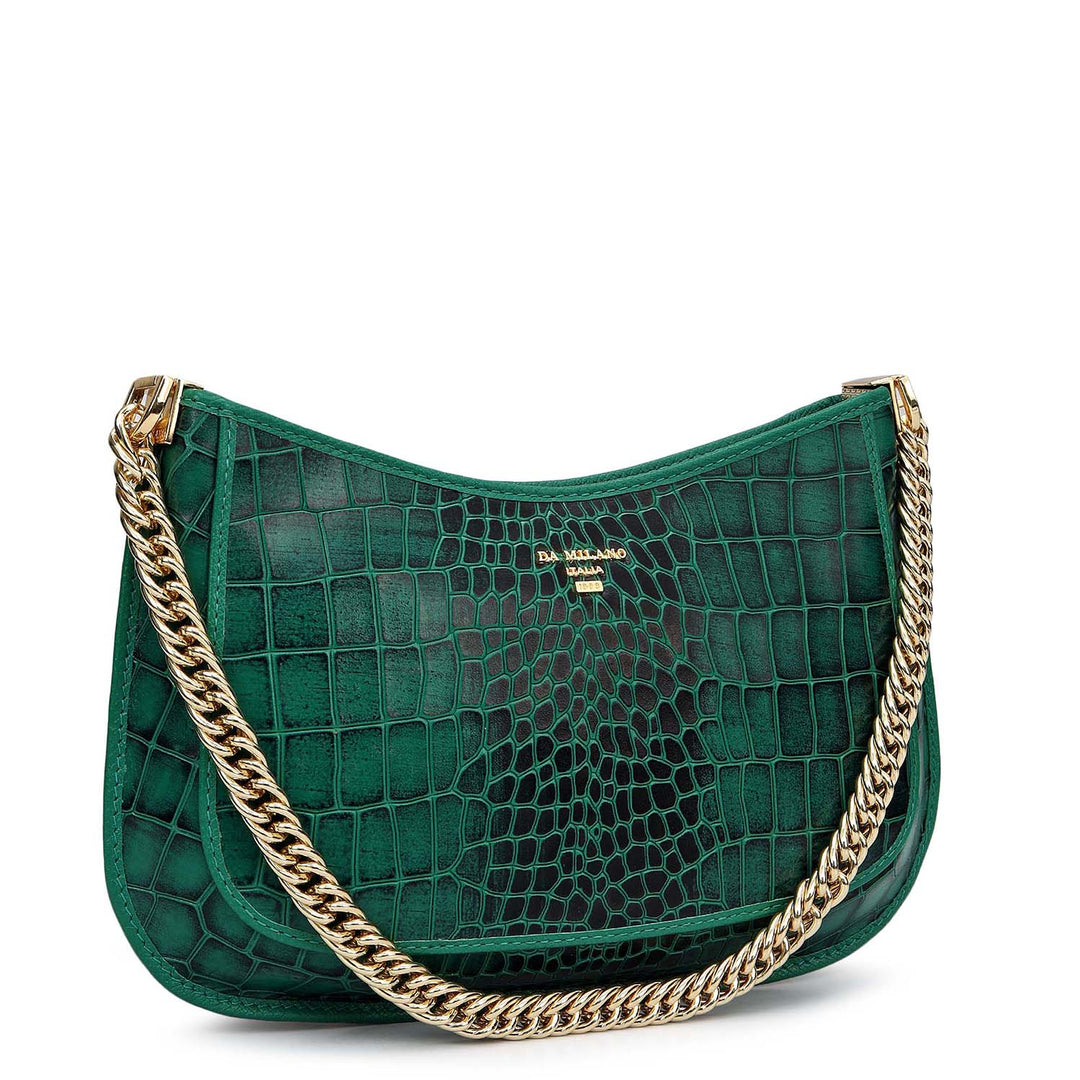 Small Croco Leather Baguette - Emerald Green