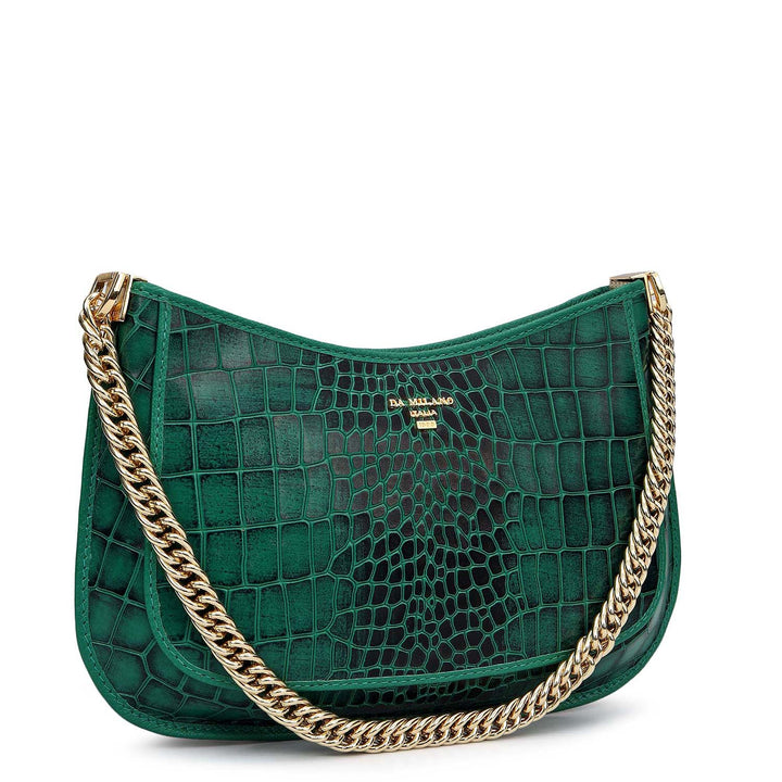 Small Croco Leather Baguette - Emerald Green
