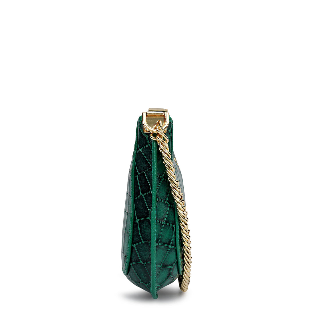 Small Croco Leather Baguette - Emerald Green