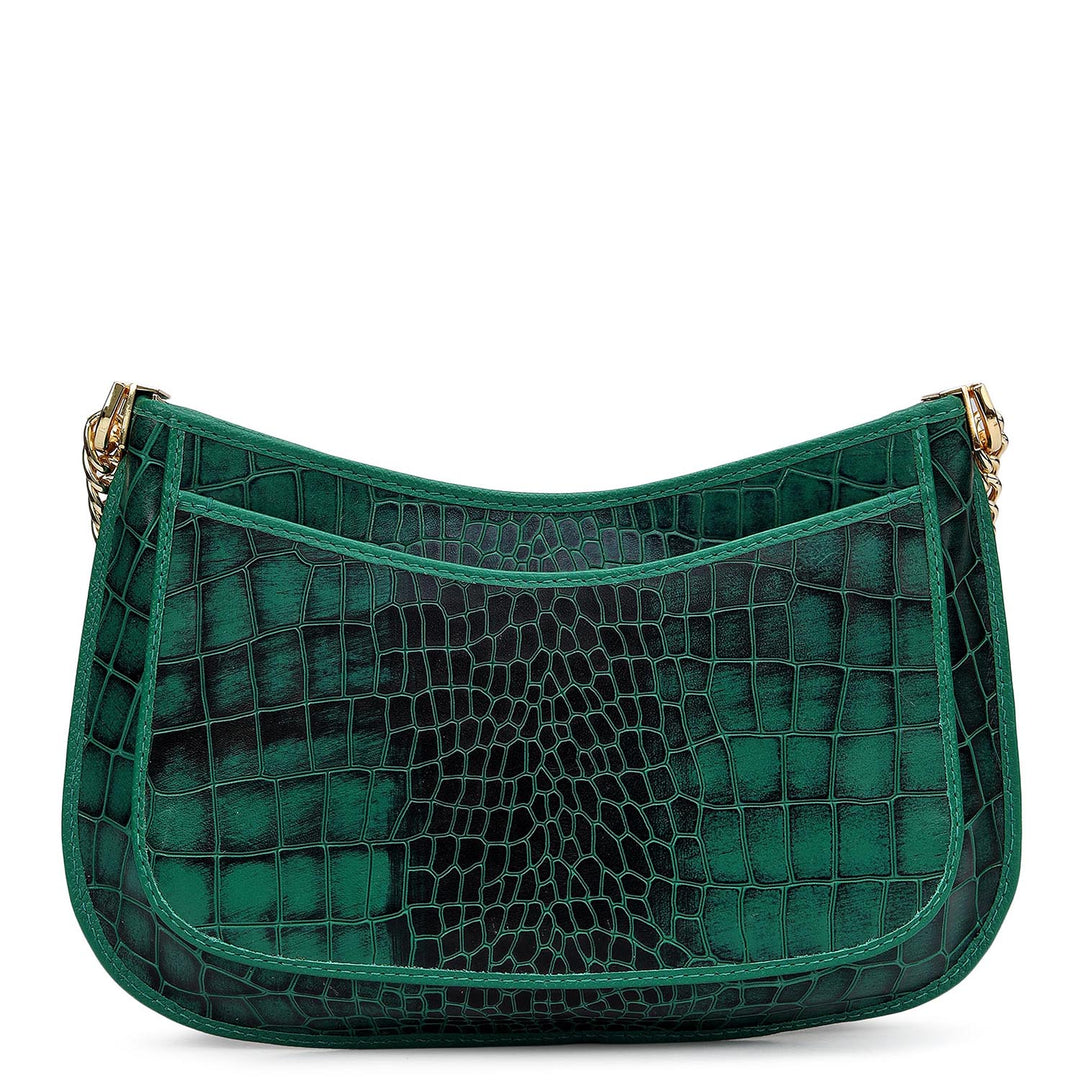 Small Croco Leather Baguette - Emerald Green