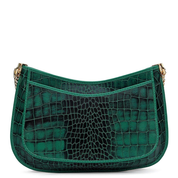 Small Croco Leather Baguette - Emerald Green
