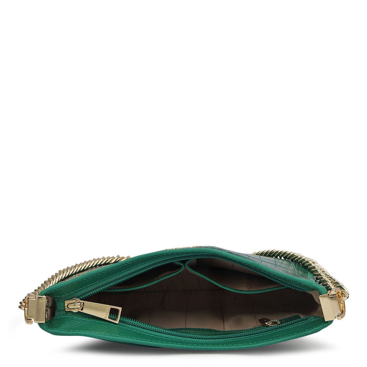 Small Croco Leather Baguette - Emerald Green
