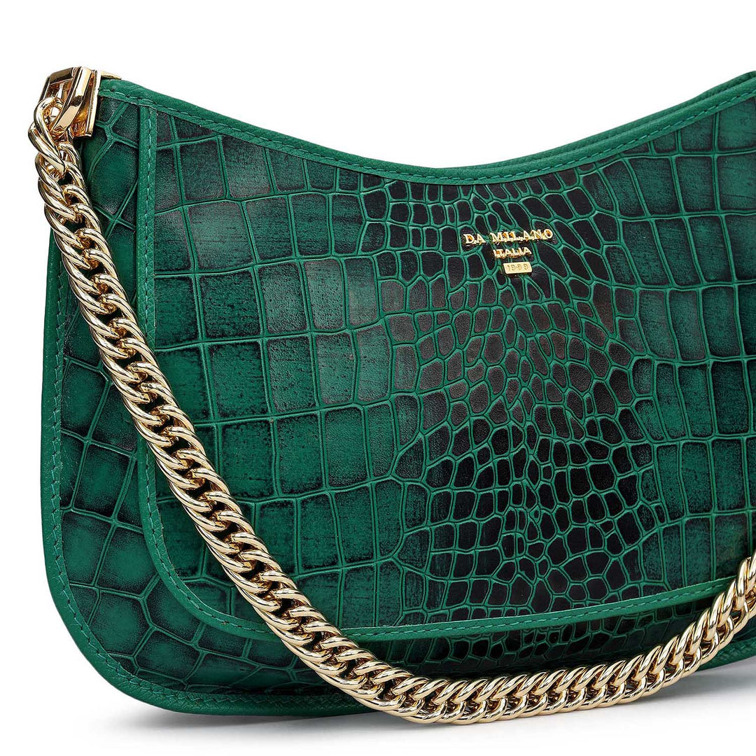 Small Croco Leather Baguette - Emerald Green