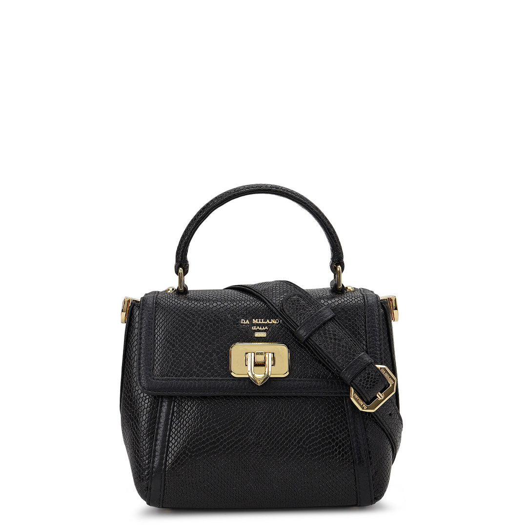 Embossed Leather Top Handle Bag (S) - Black