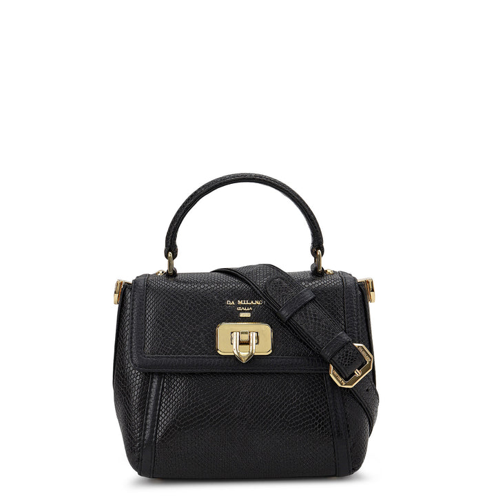 Embossed Leather Top Handle Bag (S) - Black