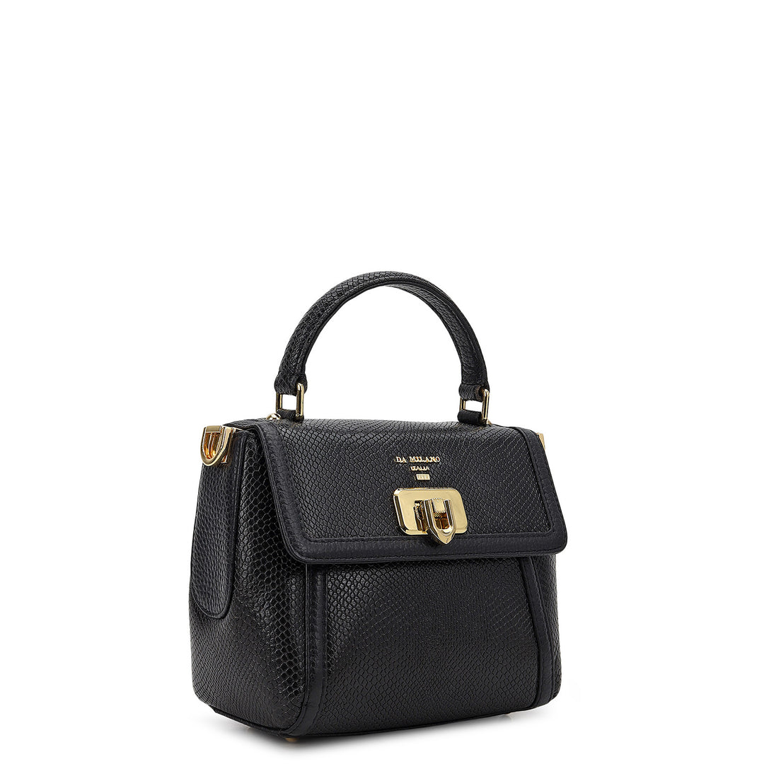 Embossed Leather Top Handle Bag (S) - Black