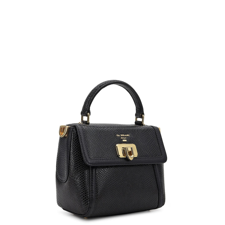 Embossed Leather Top Handle Bag (S) - Black
