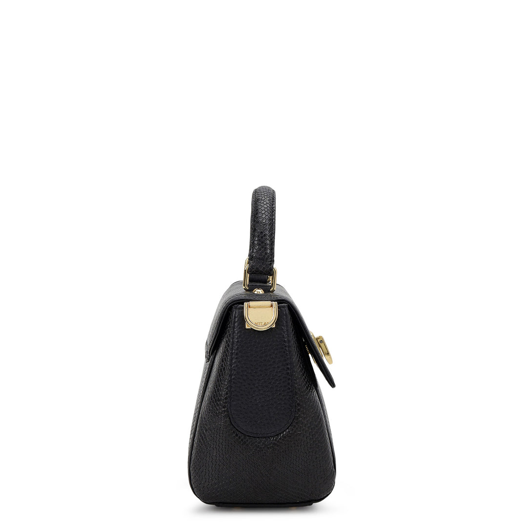 Embossed Leather Top Handle Bag (S) - Black