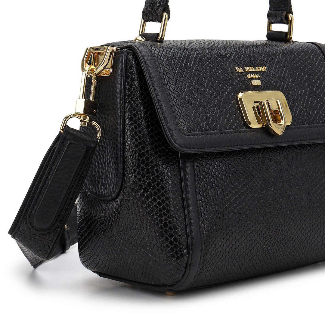 Embossed Leather Top Handle Bag (S) - Black