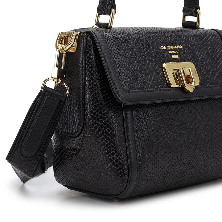 Embossed Leather Top Handle Bag (S) - Black