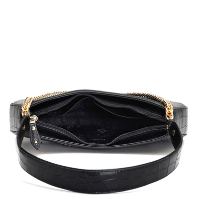 Small Croco Leather Baguette  - Black