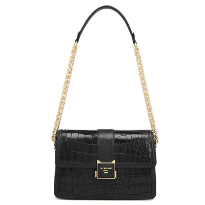 Small Croco Leather Shoulder Bag - Black