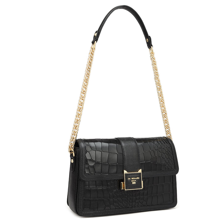 Small Croco Leather Shoulder Bag - Black