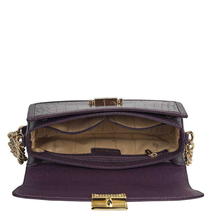 Small Croco Leather Shoulder Bag - Grapevine