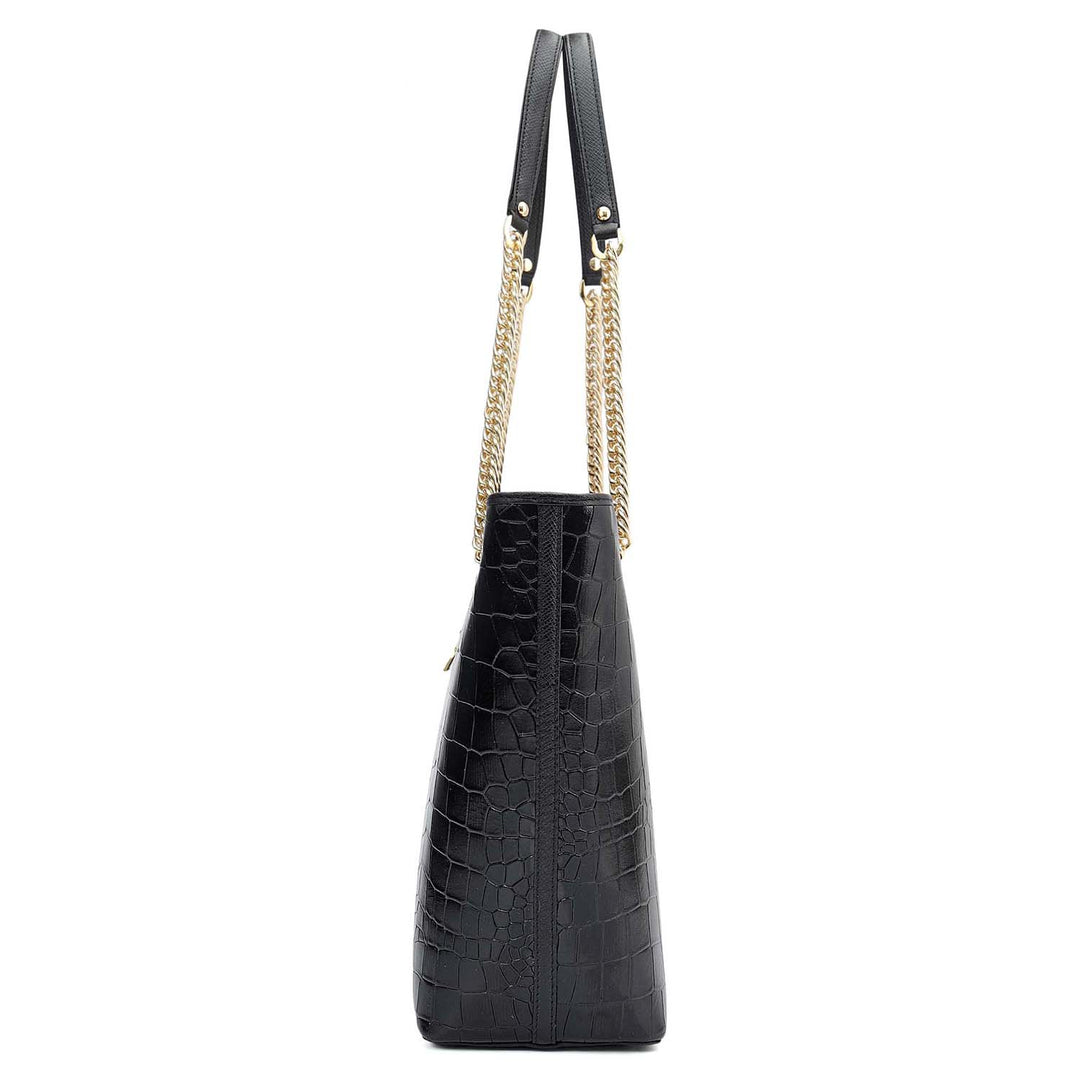 Medium Croco Leather Tote - Black