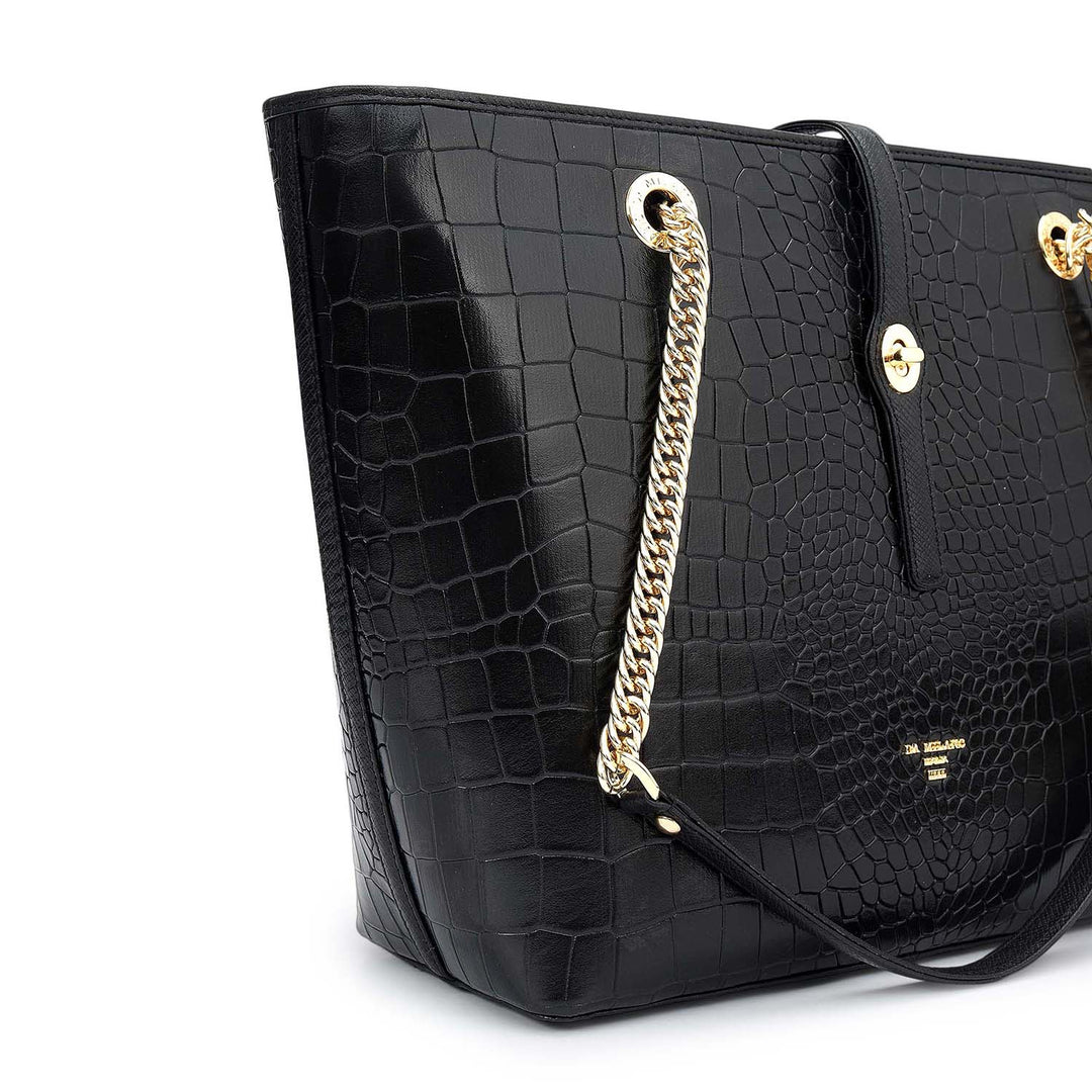 Medium Croco Leather Tote - Black
