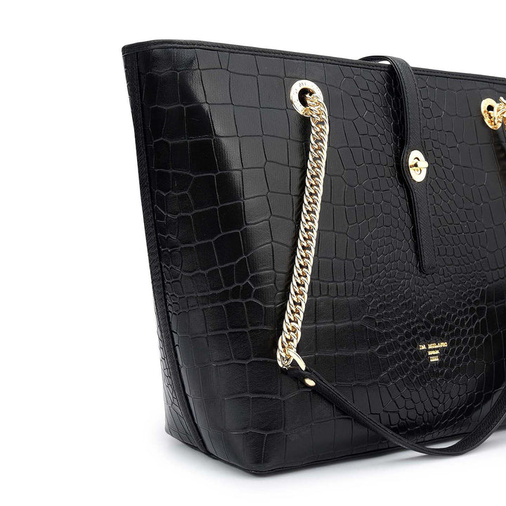 Medium Croco Leather Tote - Black