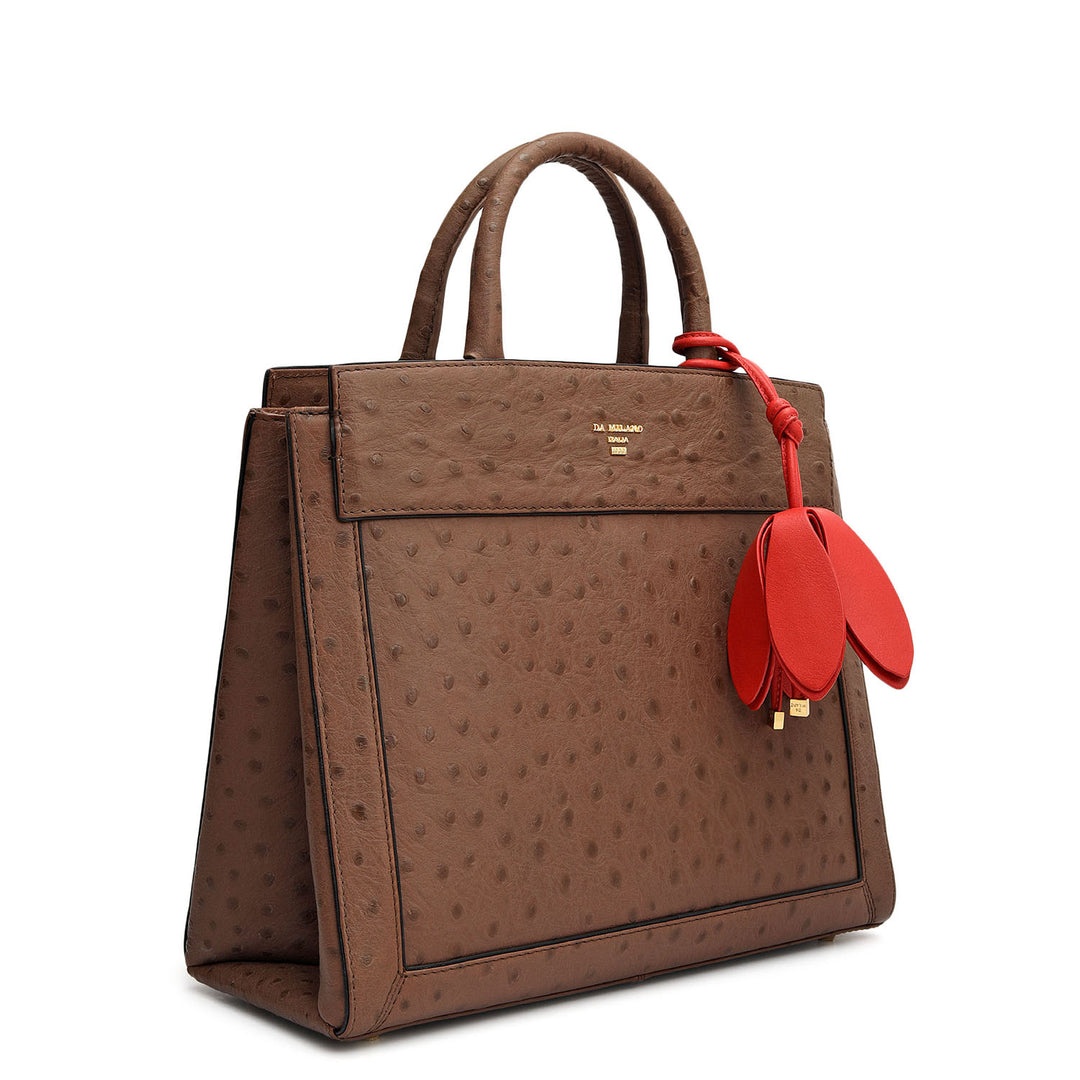 Small Ostrich Leather Book Tote - Mocha