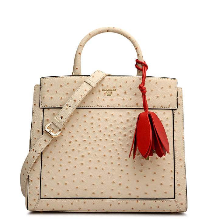 Small Ostrich Leather Book Tote - Vanilla