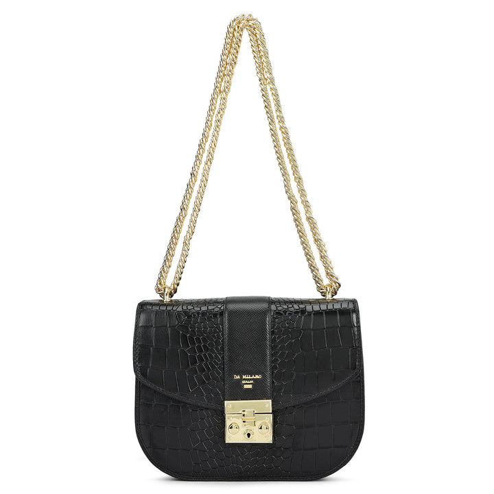 Small Croco Franzy Leather Shoulder Bag - Black