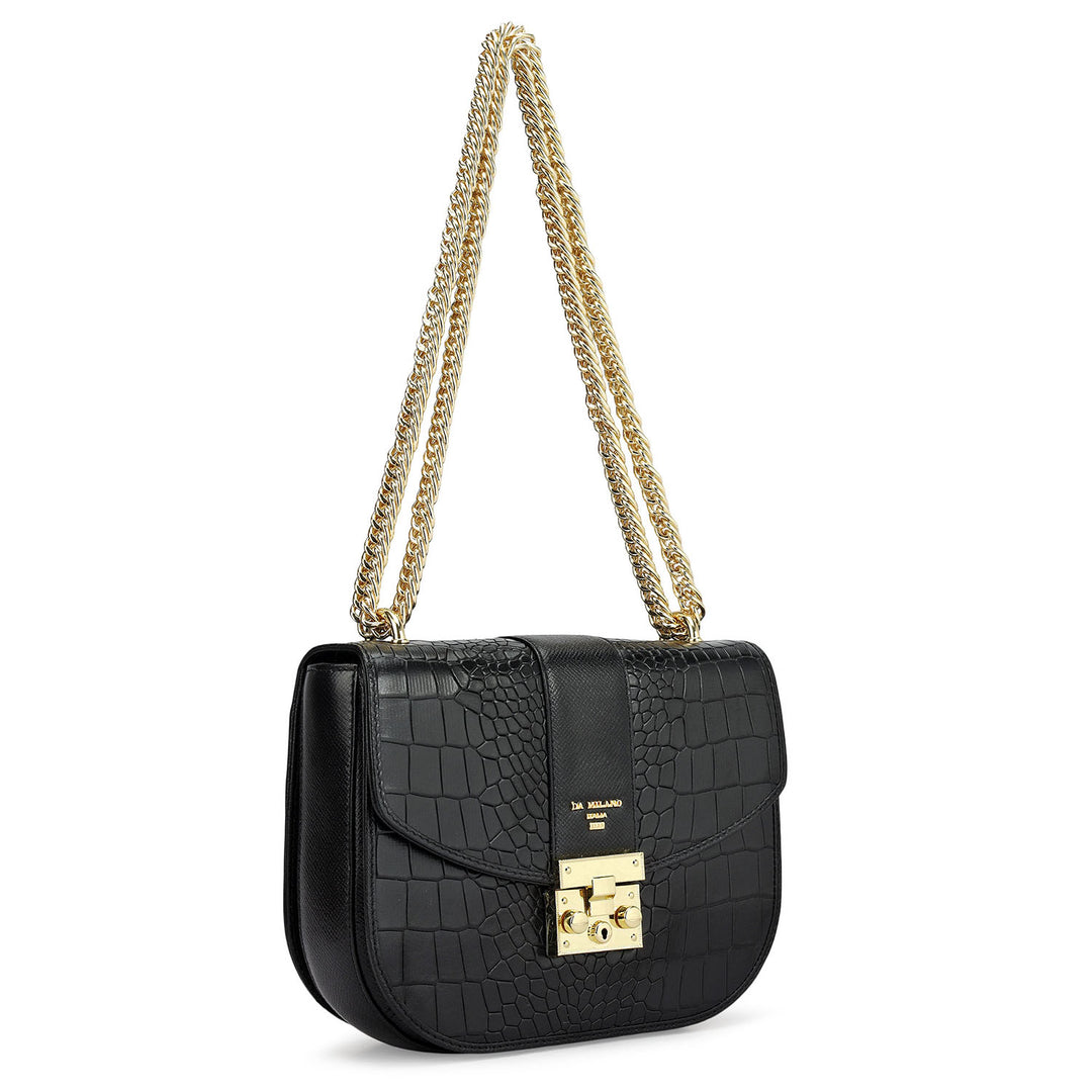 Small Croco Franzy Leather Shoulder Bag - Black