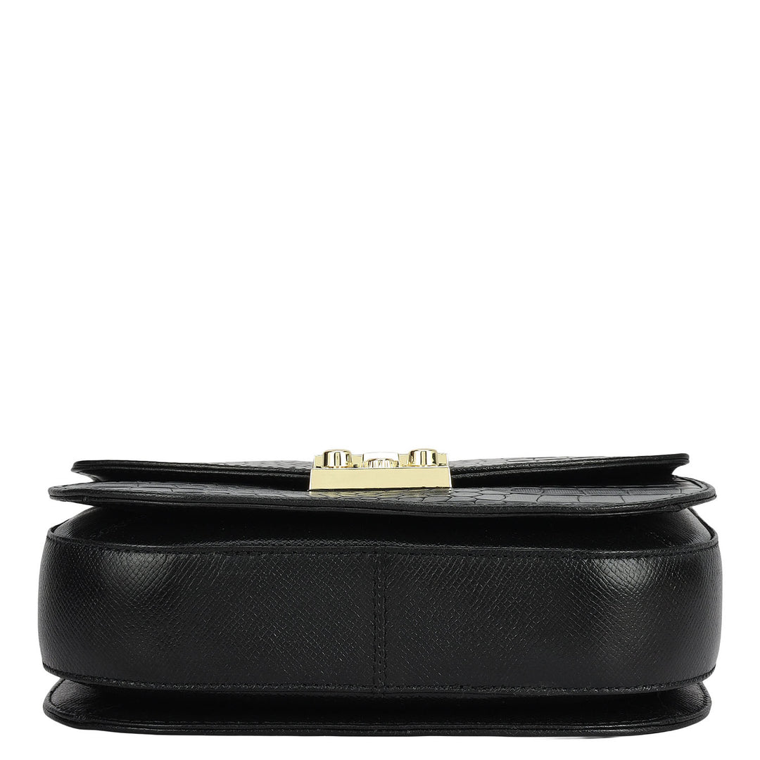 Small Croco Franzy Leather Shoulder Bag - Black