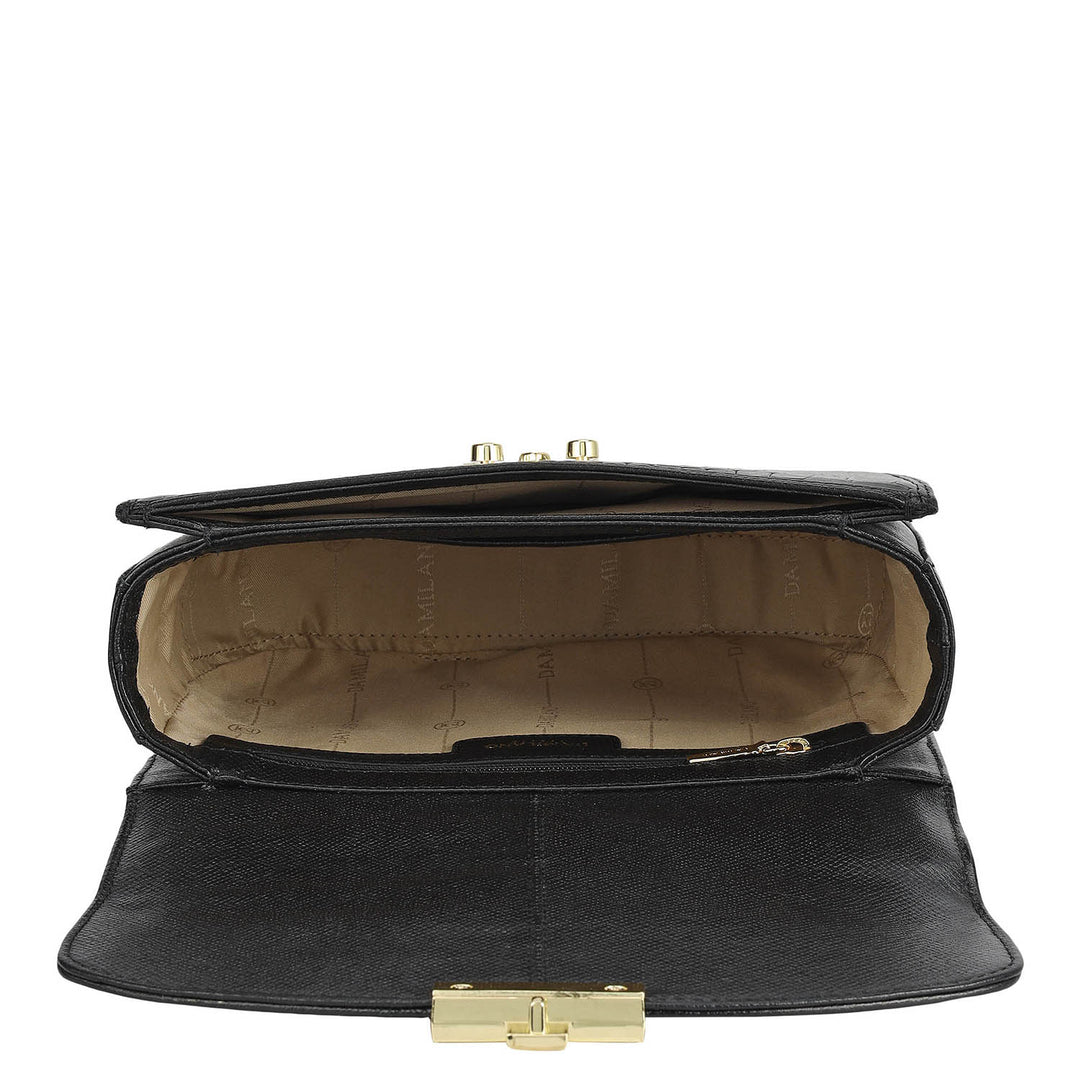 Small Croco Franzy Leather Shoulder Bag - Black