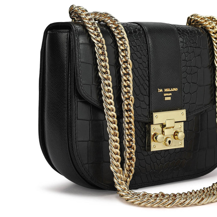 Small Croco Franzy Leather Shoulder Bag - Black