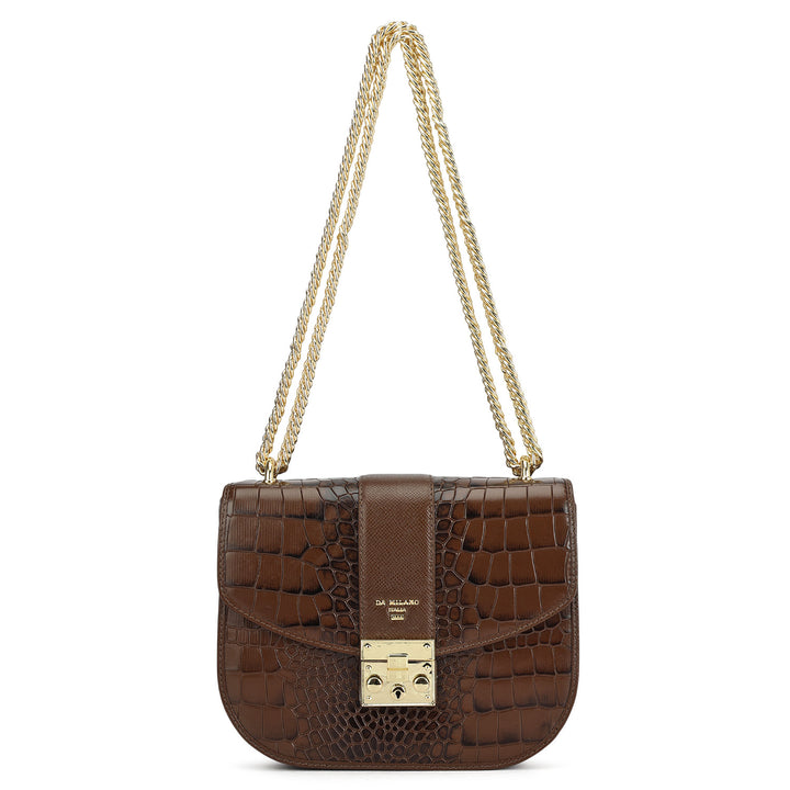 Small Croco Franzy Leather Shoulder Bag - Walnut