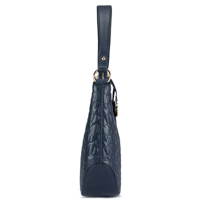 Small Monogram Leather Baguette - Navy Blue