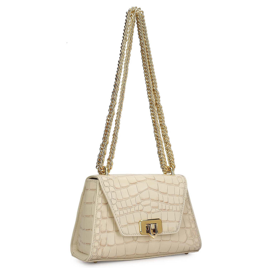 Small Croco Leather Satchel - Marshmallow