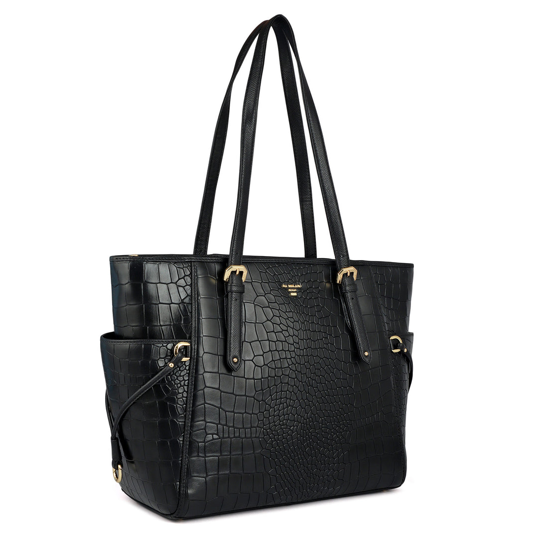 Large Croco Leather Tote - Black