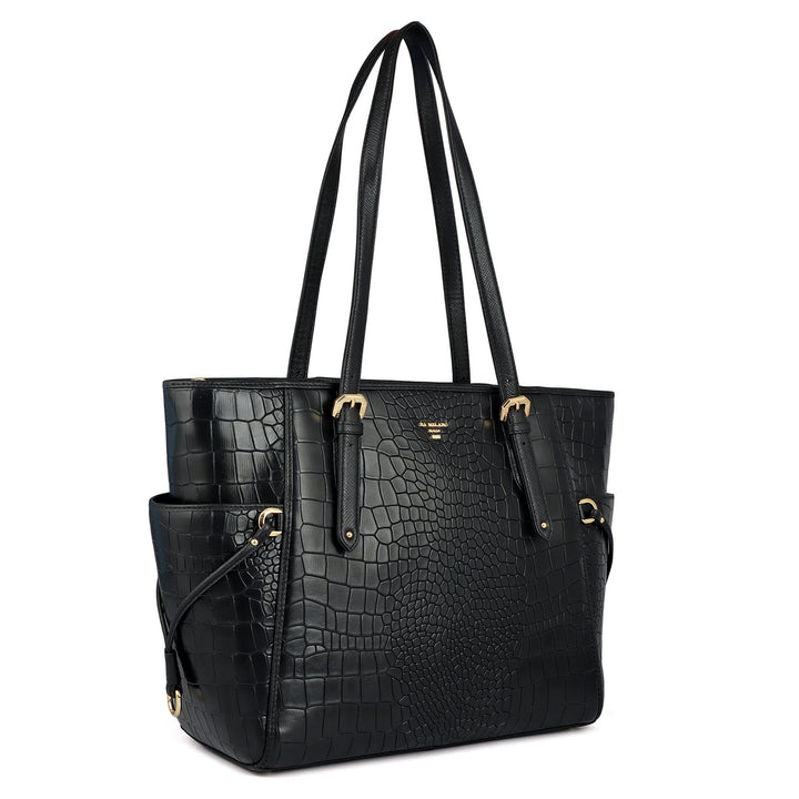 Large Croco Leather Tote - Black