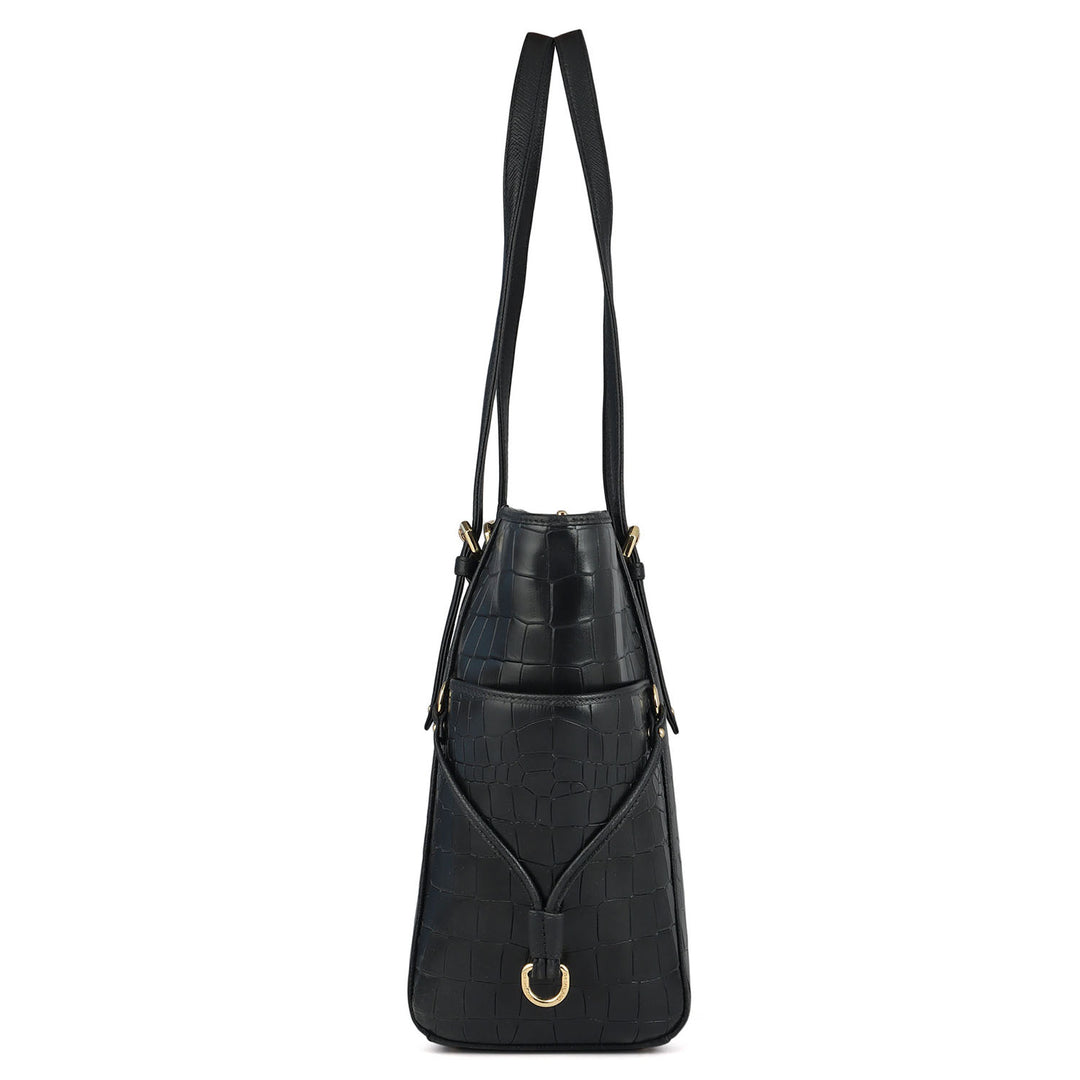 Large Croco Leather Tote - Black