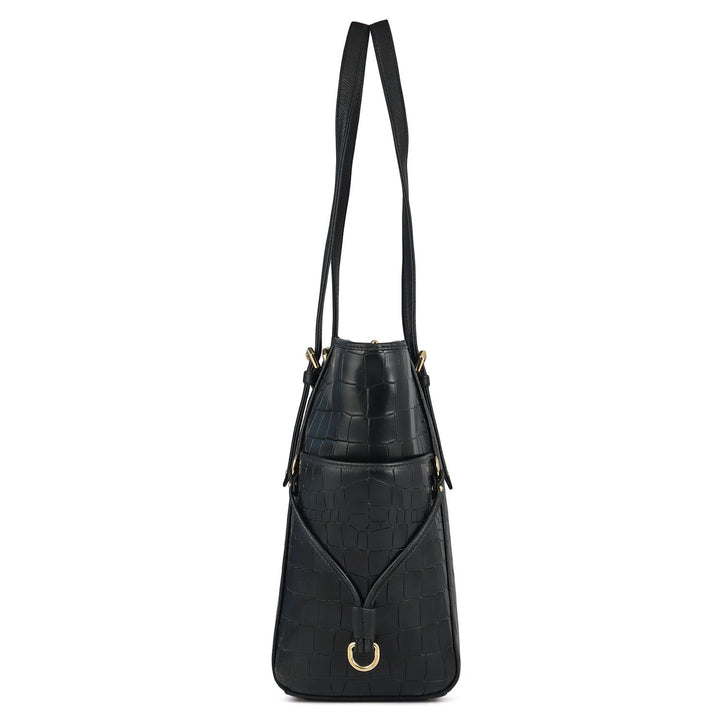 Large Croco Leather Tote - Black