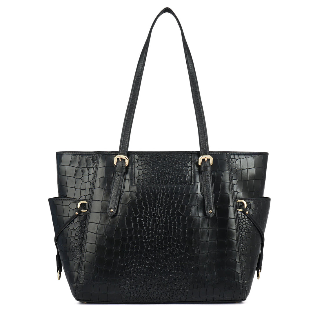 Large Croco Leather Tote - Black