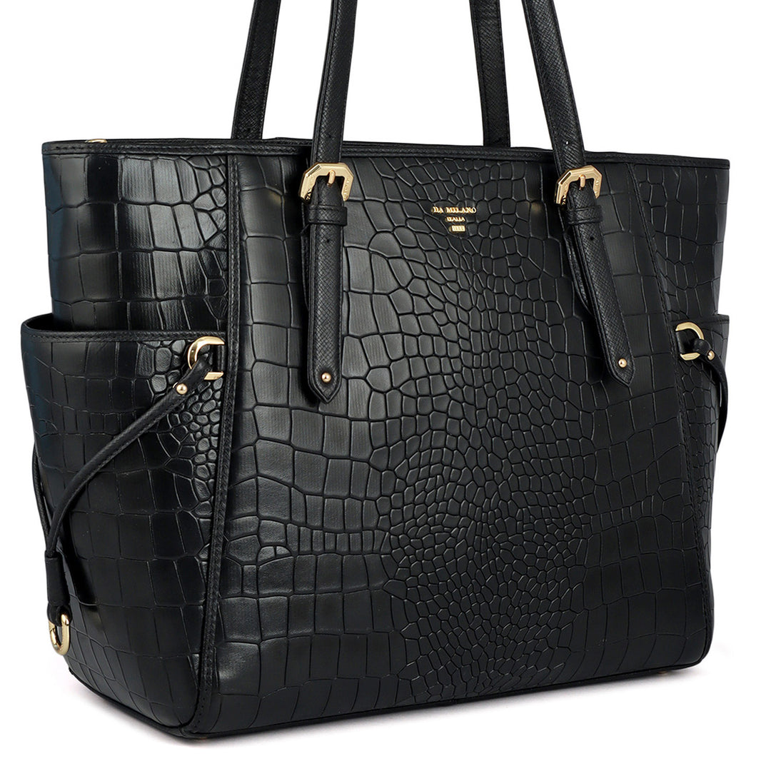 Large Croco Leather Tote - Black