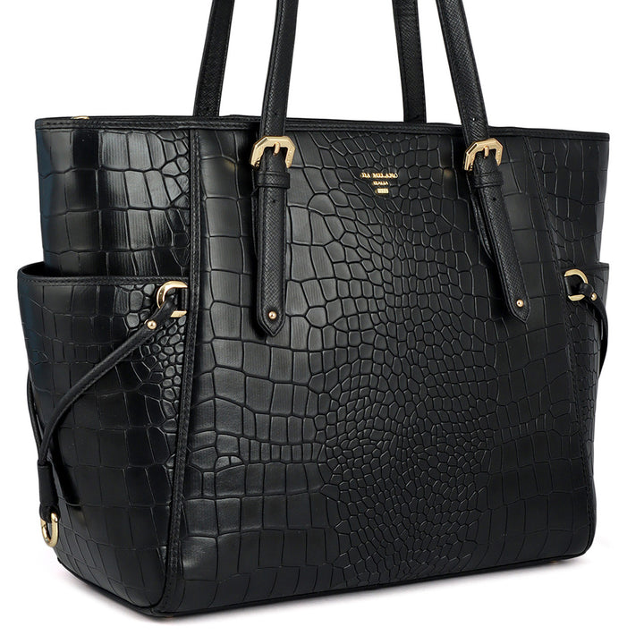 Large Croco Leather Tote - Black