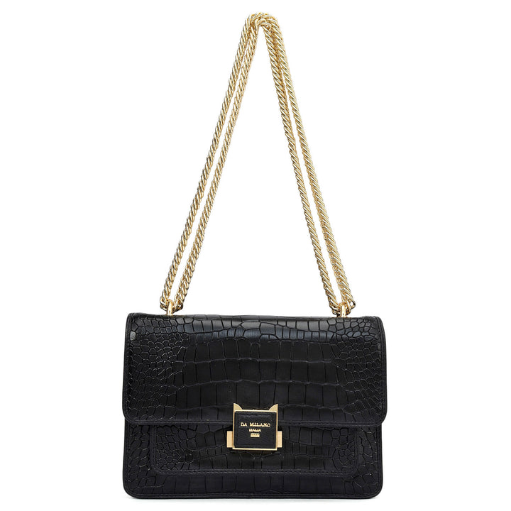 Small Croco Leather Shoulder Bag - Black