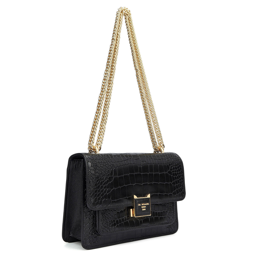Small Croco Leather Shoulder Bag - Black