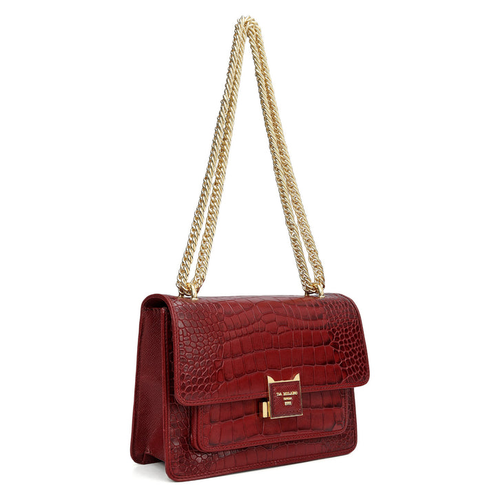 Small Croco Leather Shoulder Bag - Cherry