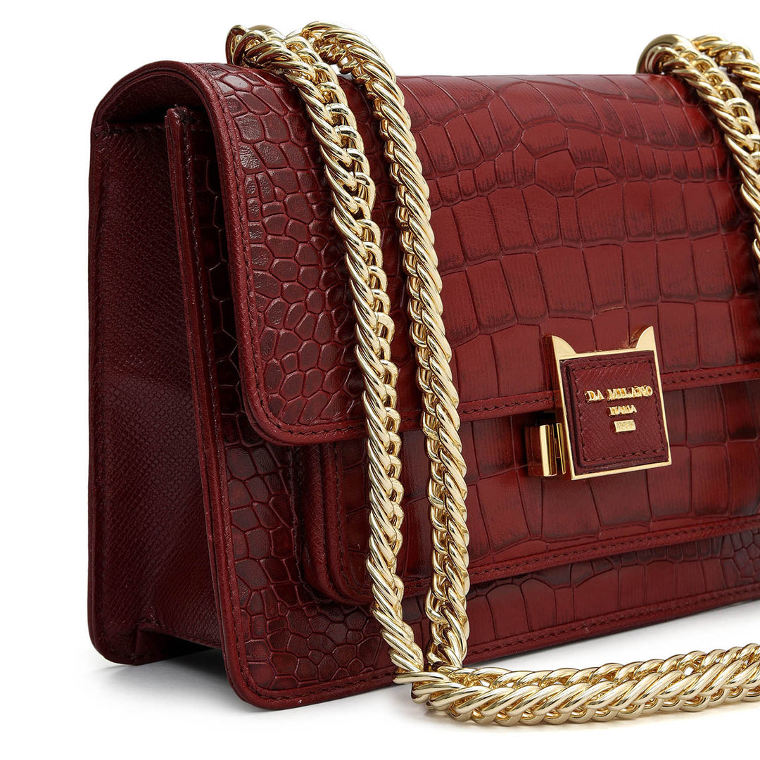 Small Croco Leather Shoulder Bag - Cherry
