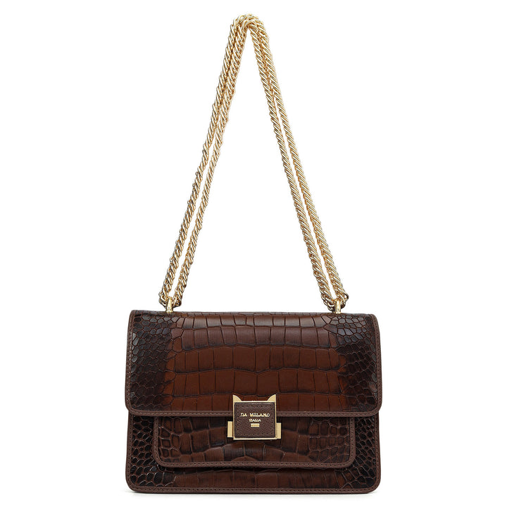 Small Croco Leather Shoulder Bag - Walnut