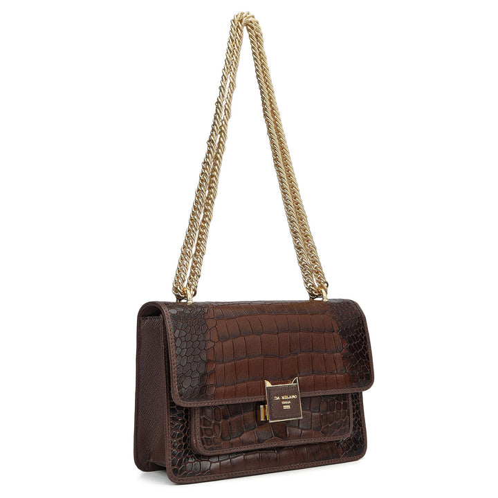 Small Croco Leather Shoulder Bag - Walnut