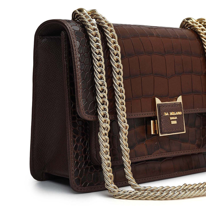Small Croco Leather Shoulder Bag - Walnut