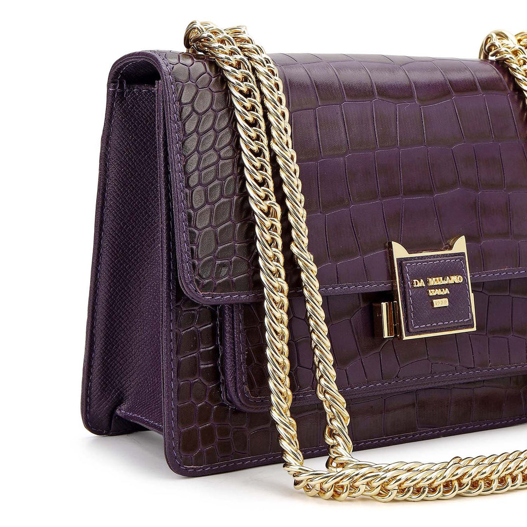 Croco-Textured Double Chain Bag (S) - Grapevine