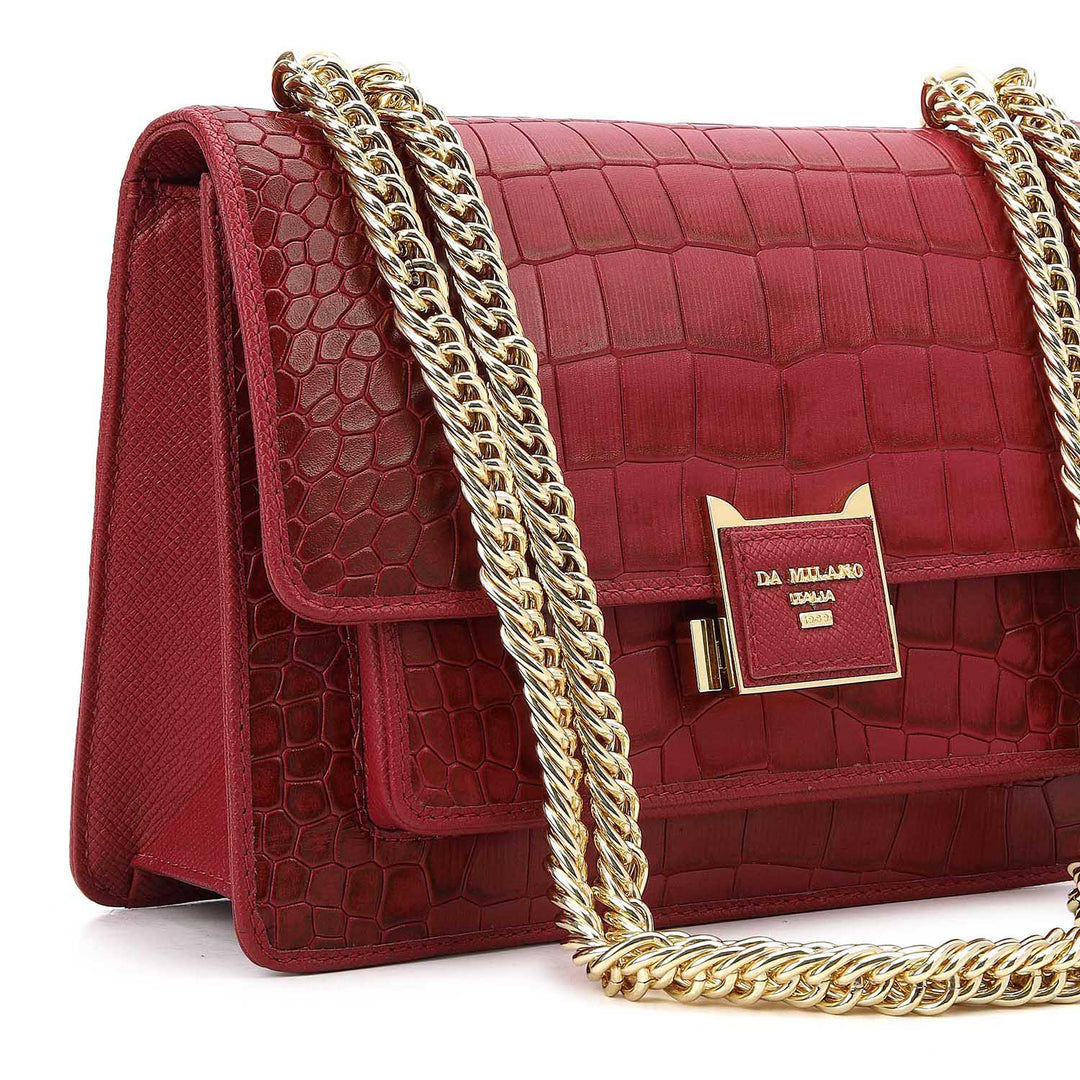 Croco-Textured Double Chain Bag (S) - Plumberry